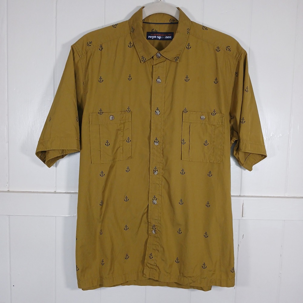 Reyn Spooner Button Down Shirt Mens L Pea Green Anchor Print Short Sleeve Cotton